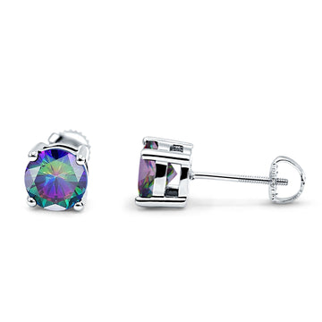 Solitaire Screw Back Stud Earring Brilliant Round Simulated Rainbow CZ Solid 925 Sterling Silver